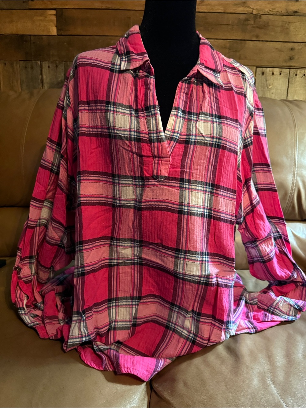 Relaxed Pink Plaid Tunic Blouse
